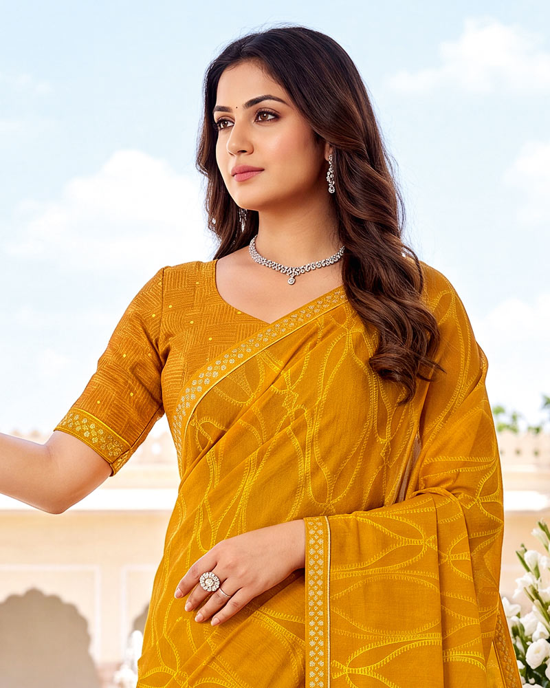 Vishal Prints Bright Mustard Printed Fancy Chiffon Saree With Border