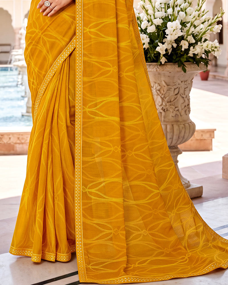 Vishal Prints Bright Mustard Printed Fancy Chiffon Saree With Border