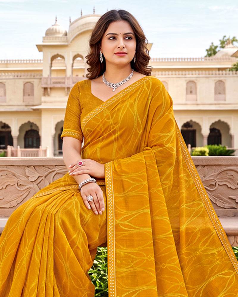 Vishal Prints Bright Mustard Printed Fancy Chiffon Saree With Border