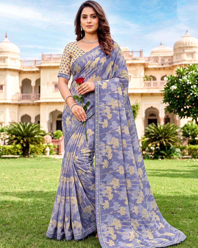 Vishal Prints Light Lilac Printed Fancy Chiffon Saree With Border