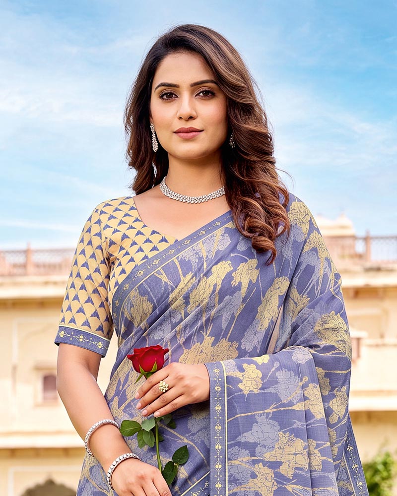 Vishal Prints Light Lilac Printed Fancy Chiffon Saree With Border