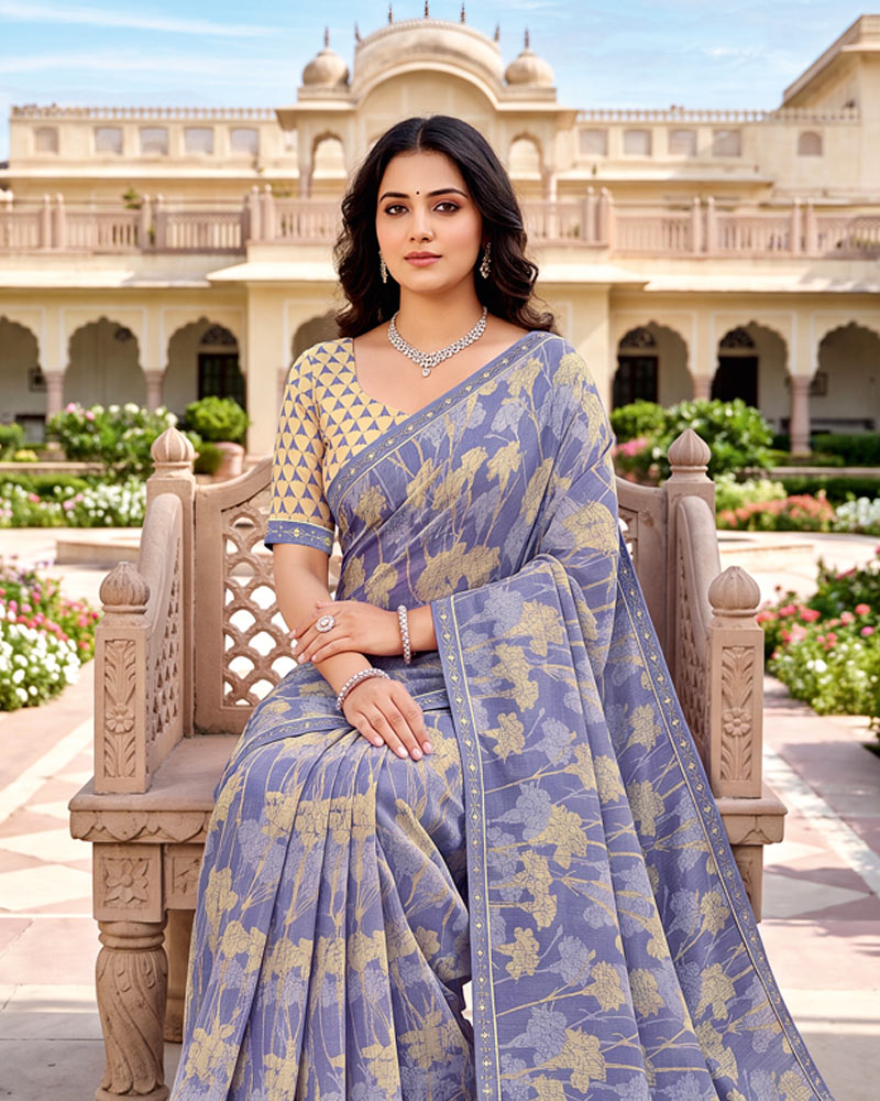 Vishal Prints Light Lilac Printed Fancy Chiffon Saree With Border