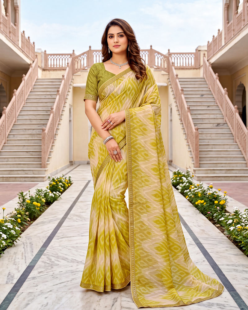 Vishal Prints Moss Green Cream Printed Fancy Chiffon Saree With Border
