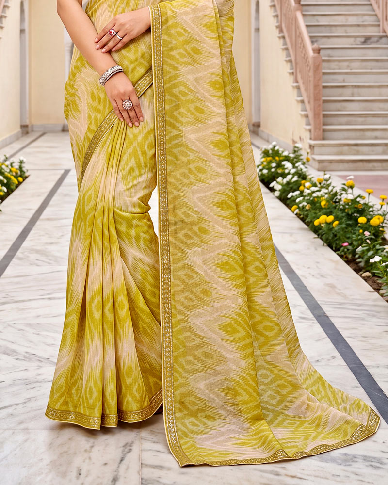 Vishal Prints Moss Green Cream Printed Fancy Chiffon Saree With Border