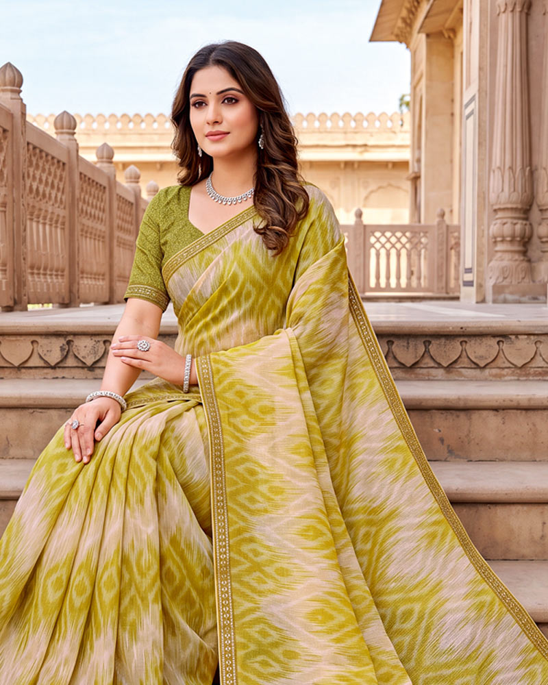 Vishal Prints Moss Green Cream Printed Fancy Chiffon Saree With Border