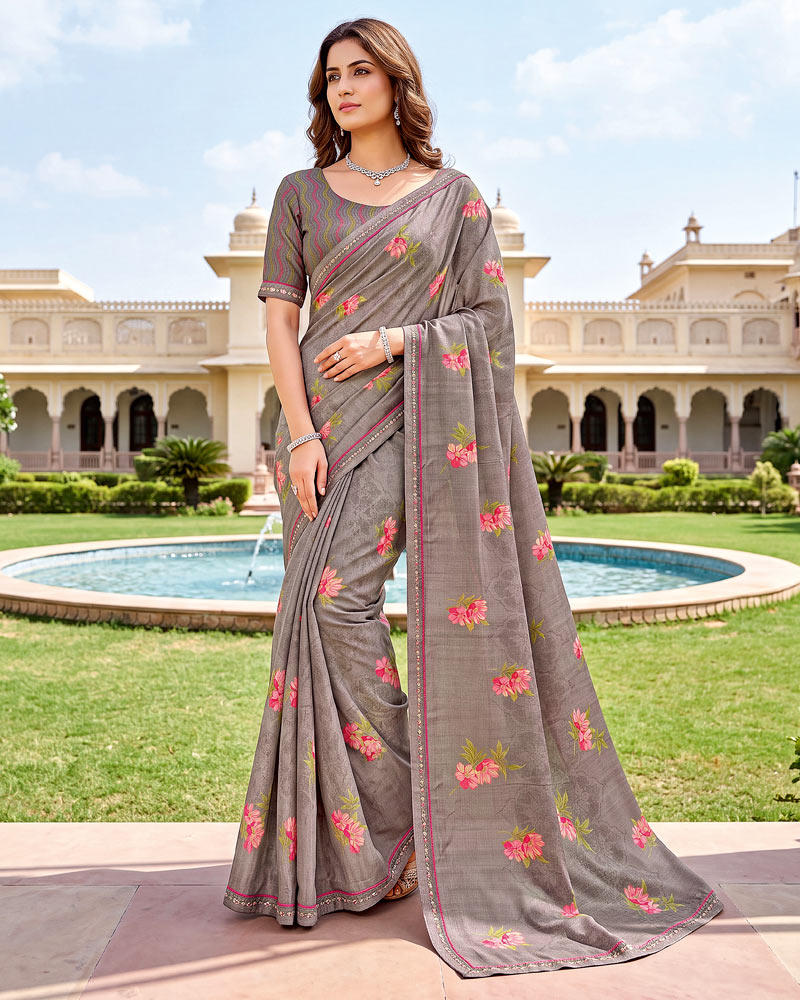 Vishal Prints Brownish Grey Printed Fancy Chiffon Saree With Border