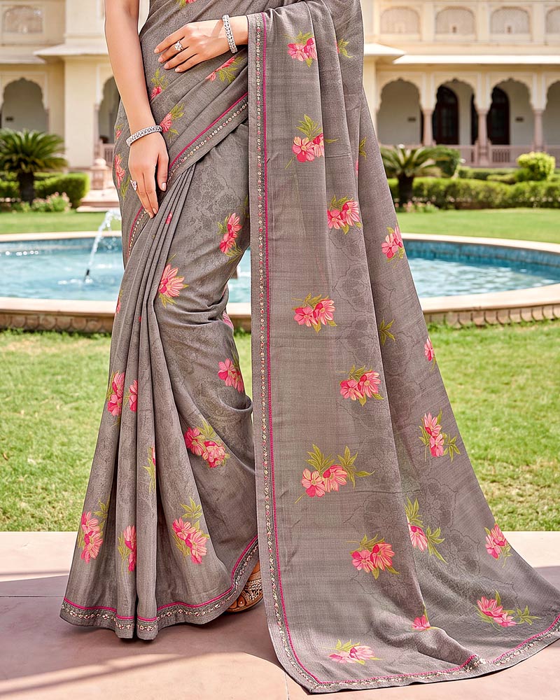 Vishal Prints Brownish Grey Printed Fancy Chiffon Saree With Border