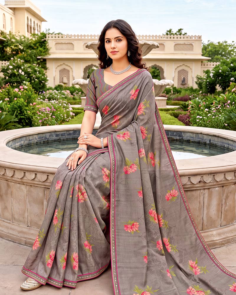 Vishal Prints Brownish Grey Printed Fancy Chiffon Saree With Border