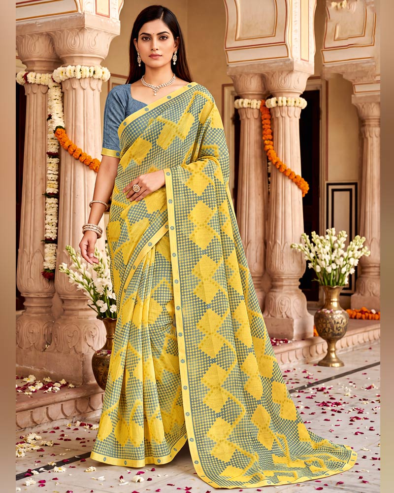 Vishal Prints Light Pastel Yellow Printed Fancy Chiffon Saree With Border