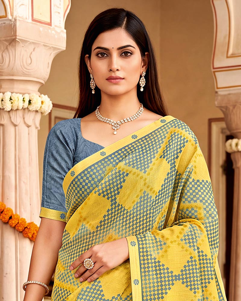 Vishal Prints Light Pastel Yellow Printed Fancy Chiffon Saree With Border