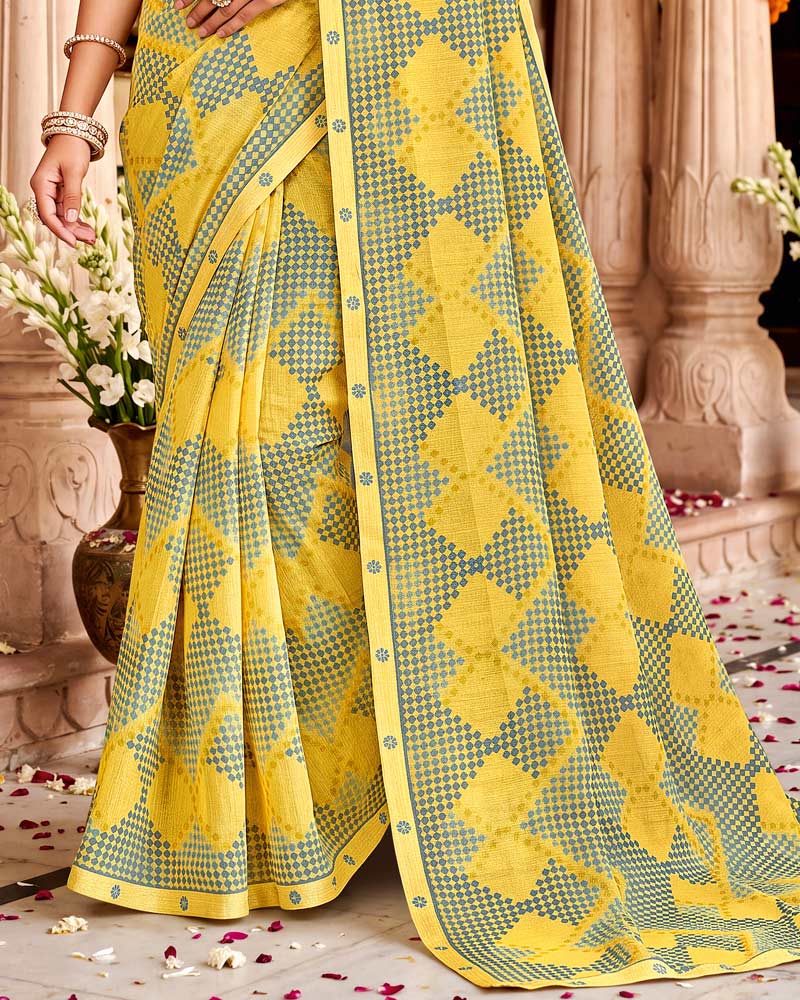 Vishal Prints Light Pastel Yellow Printed Fancy Chiffon Saree With Border