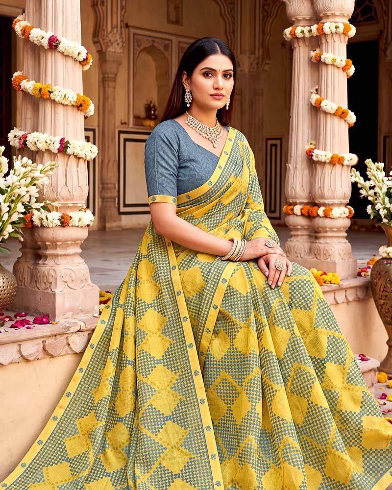 Vishal Prints Light Pastel Yellow Printed Fancy Chiffon Saree With Border