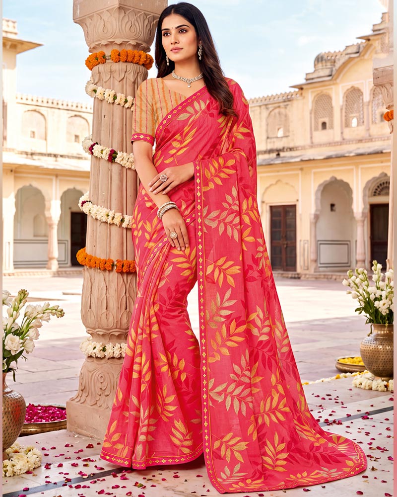 Vishal Prints Carmine Pink Printed Fancy Chiffon Saree With Border