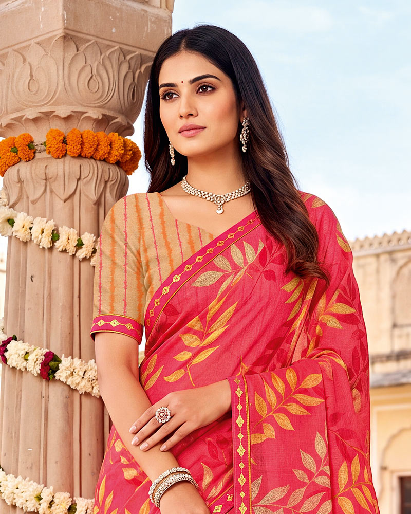 Vishal Prints Carmine Pink Printed Fancy Chiffon Saree With Border