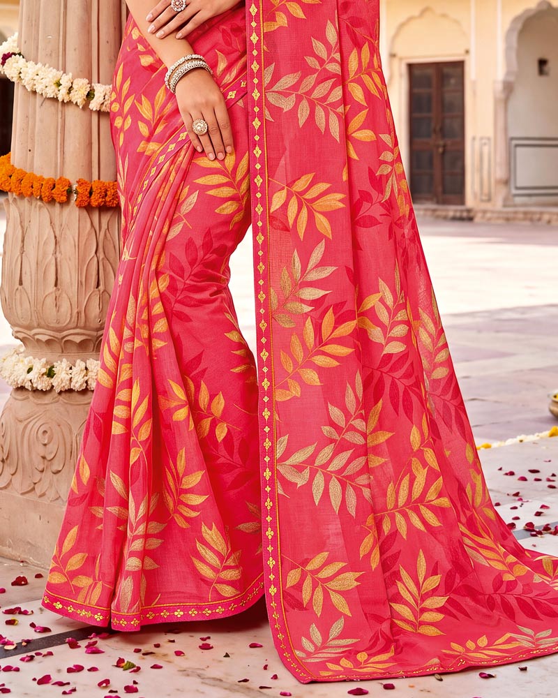 Vishal Prints Carmine Pink Printed Fancy Chiffon Saree With Border