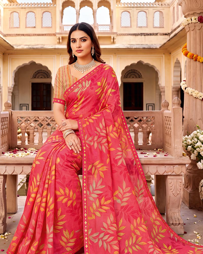Vishal Prints Carmine Pink Printed Fancy Chiffon Saree With Border