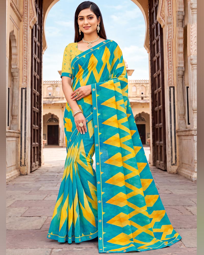 Vishal Prints Persian Green And Sunshade Yellow Printed Fancy Chiffon Saree With Border