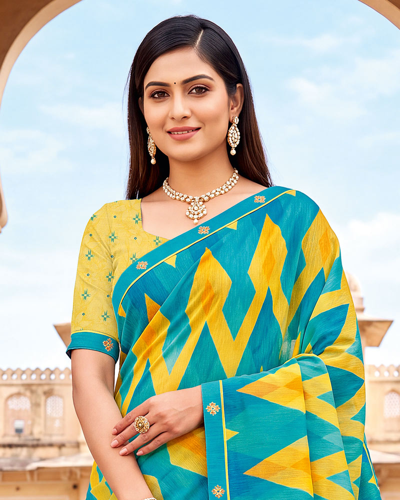Vishal Prints Persian Green And Sunshade Yellow Printed Fancy Chiffon Saree With Border