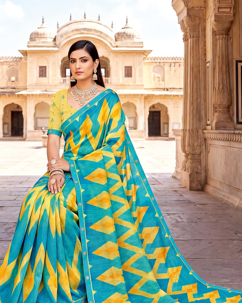 Vishal Prints Persian Green And Sunshade Yellow Printed Fancy Chiffon Saree With Border