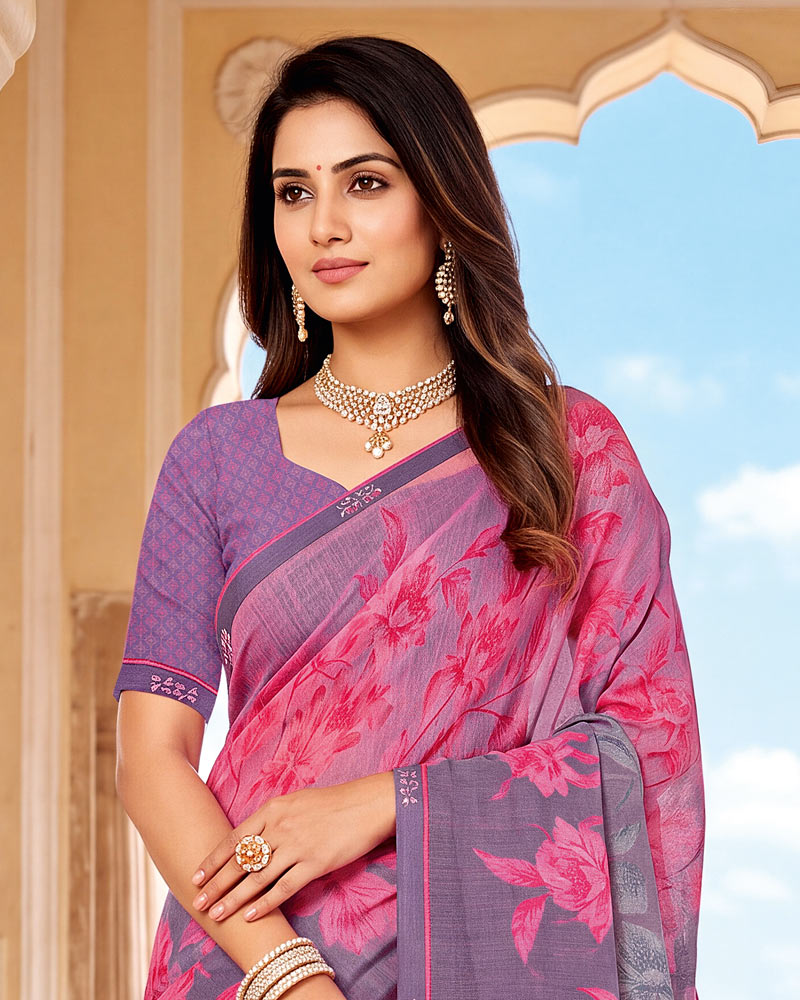 Vishal Prints Dusty Purple Printed Fancy Chiffon Saree With Border