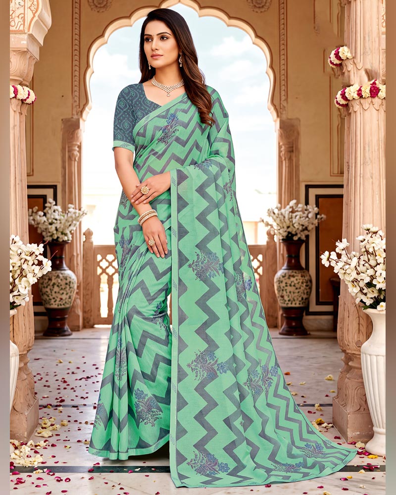 Vishal Prints Pastel Teal Green Printed Fancy Chiffon Saree With Border