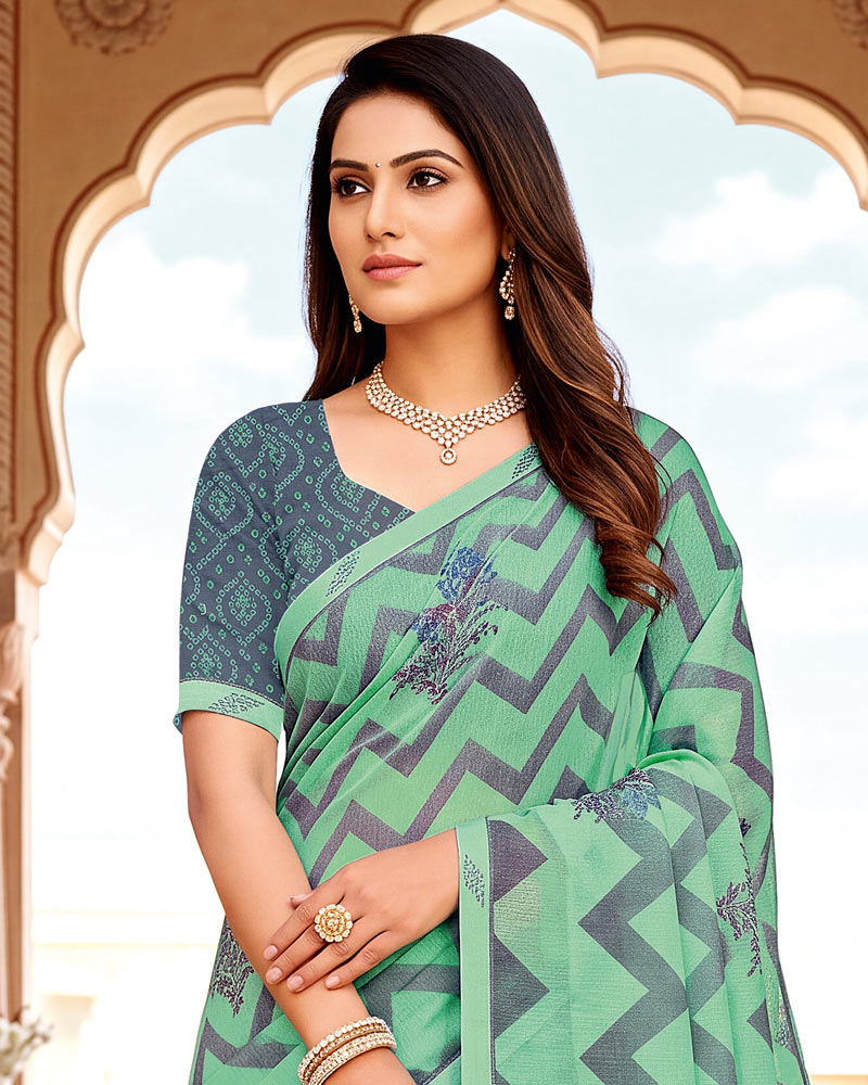 Vishal Prints Pastel Teal Green Printed Fancy Chiffon Saree With Border