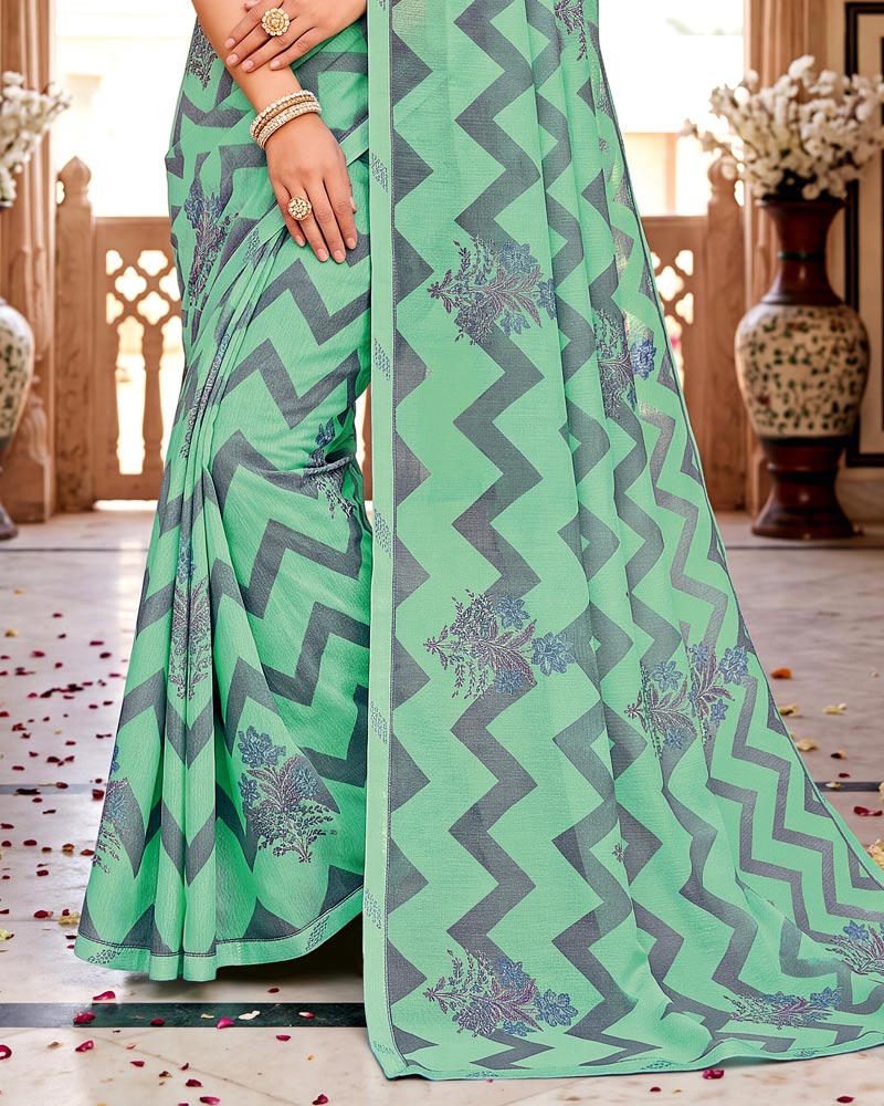 Vishal Prints Pastel Teal Green Printed Fancy Chiffon Saree With Border