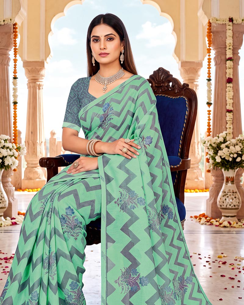 Vishal Prints Pastel Teal Green Printed Fancy Chiffon Saree With Border