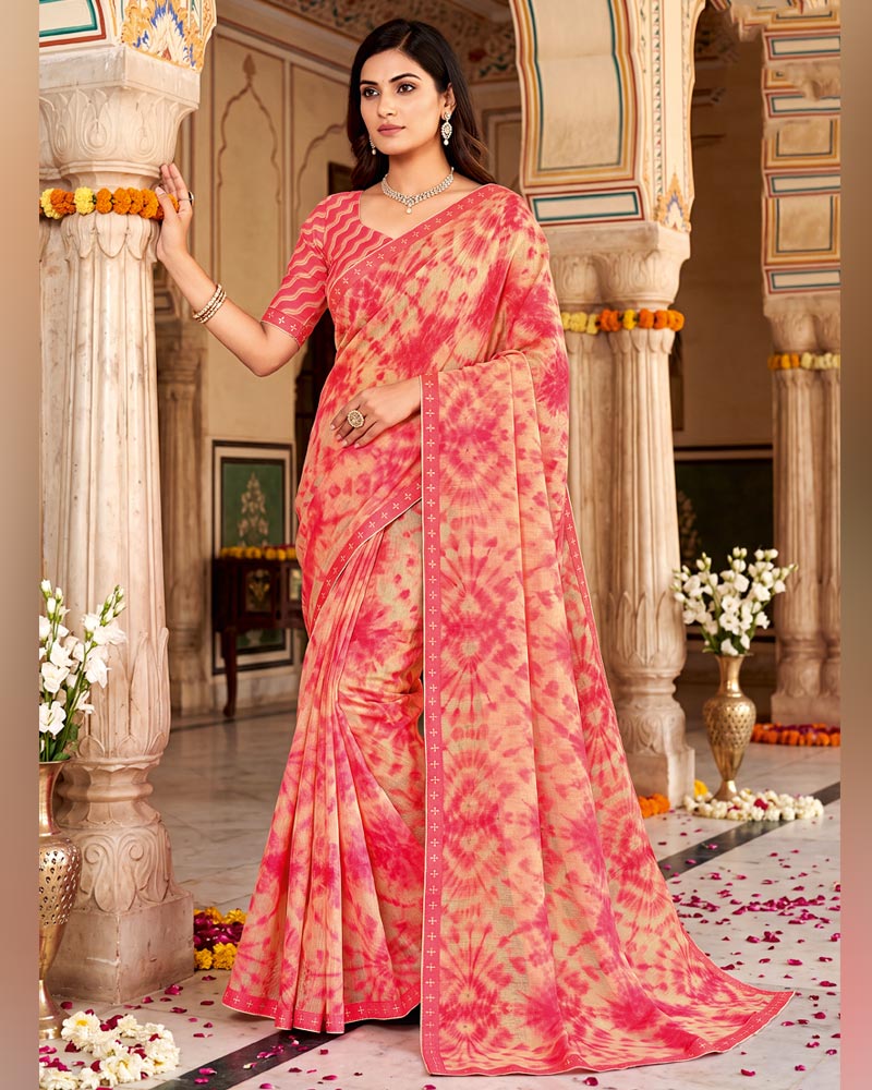 Vishal Prints Light Salmon Orange And Pink Printed Fancy Chiffon Saree With Border