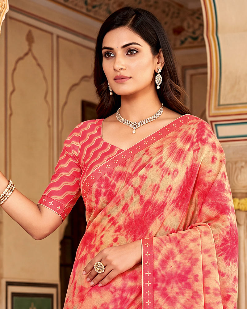 Vishal Prints Light Salmon Orange And Pink Printed Fancy Chiffon Saree With Border