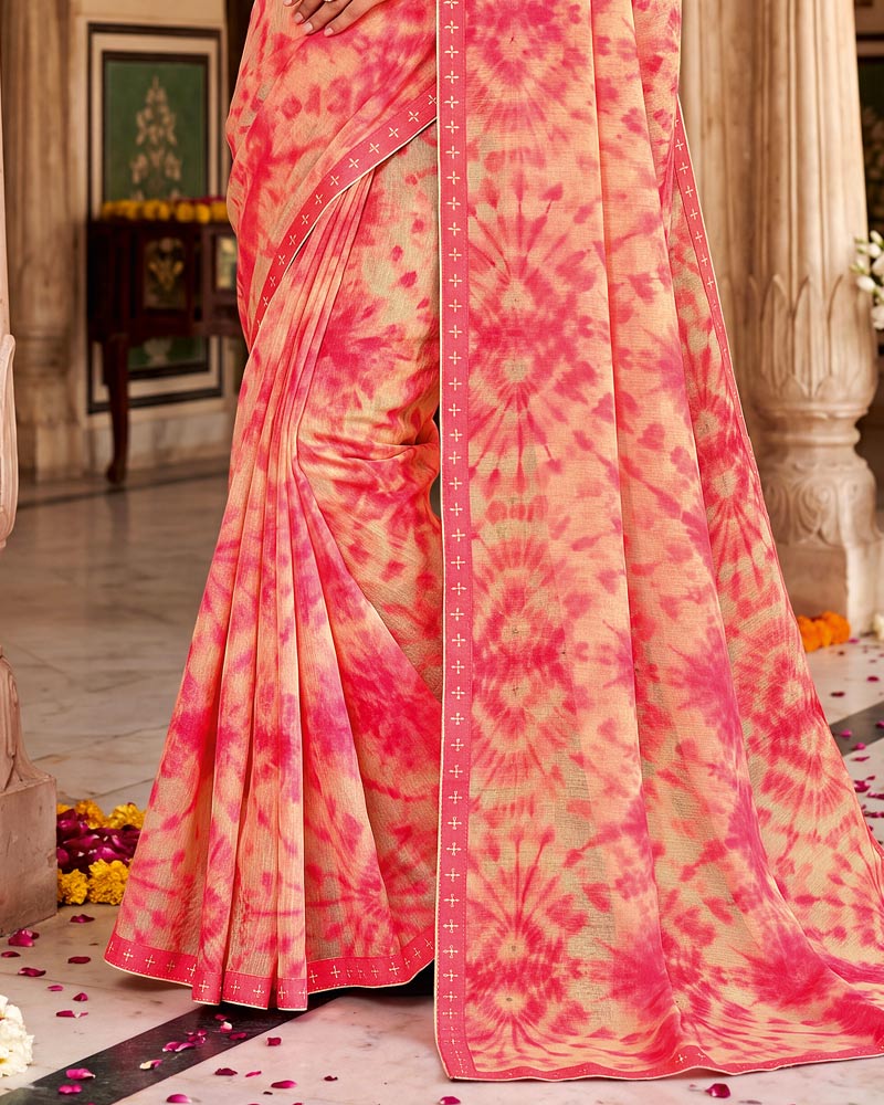 Vishal Prints Light Salmon Orange And Pink Printed Fancy Chiffon Saree With Border