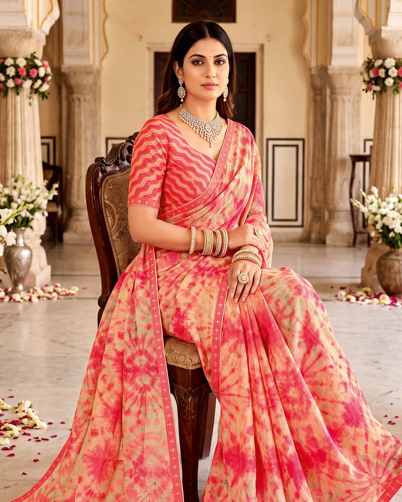 Vishal Prints Light Salmon Orange And Pink Printed Fancy Chiffon Saree With Border