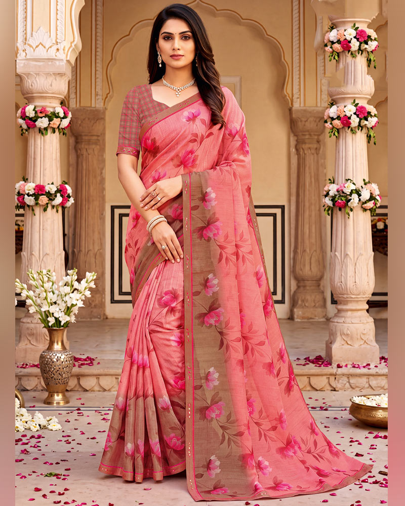 Vishal Prints Salmon Pink Printed Fancy Chiffon Saree With Border