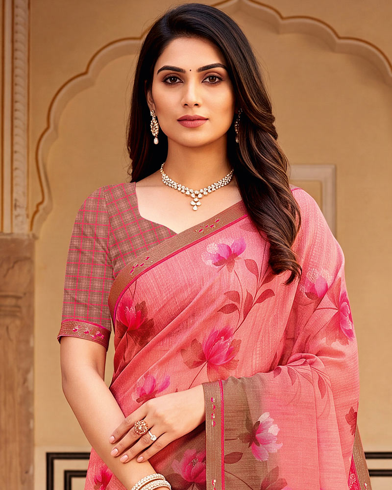 Vishal Prints Salmon Pink Printed Fancy Chiffon Saree With Border