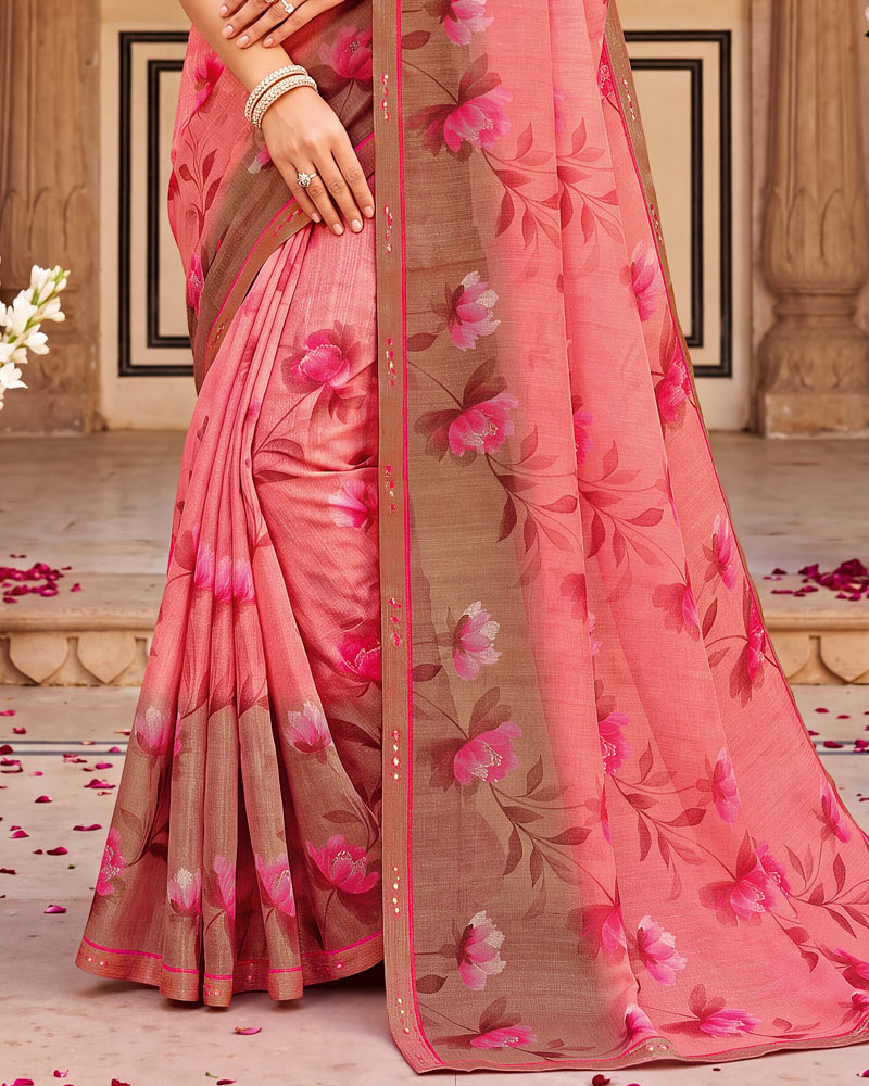 Vishal Prints Salmon Pink Printed Fancy Chiffon Saree With Border