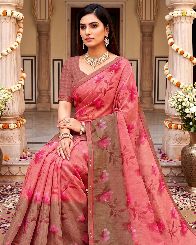 Vishal Prints Salmon Pink Printed Fancy Chiffon Saree With Border