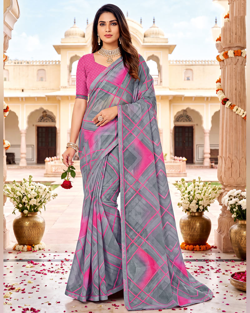Vishal Prints Warm Grey Printed Fancy Chiffon Saree With Border