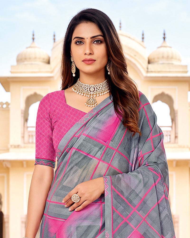 Vishal Prints Warm Grey Printed Fancy Chiffon Saree With Border