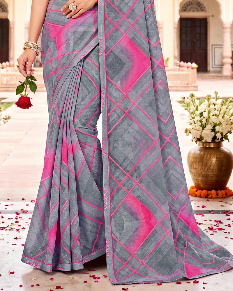 Vishal Prints Warm Grey Printed Fancy Chiffon Saree With Border