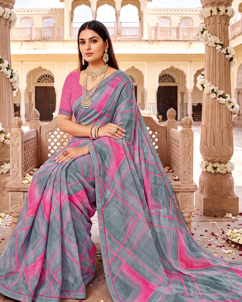 Vishal Prints Warm Grey Printed Fancy Chiffon Saree With Border