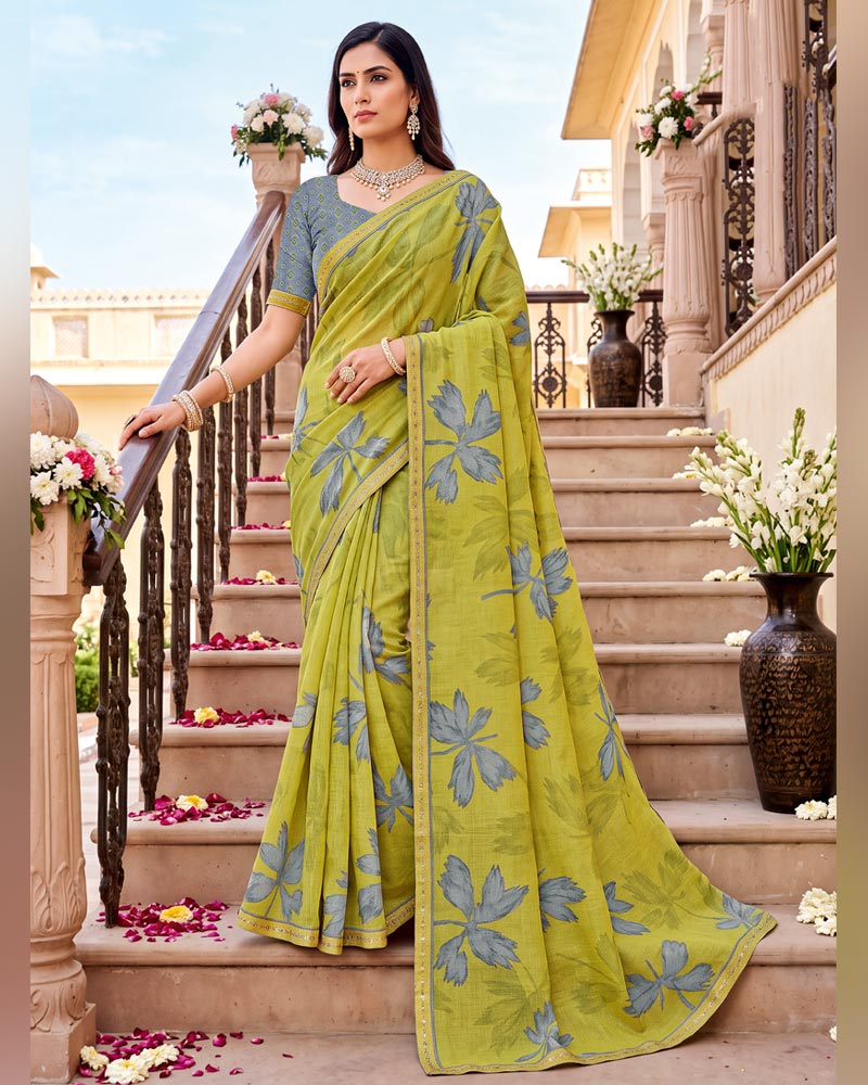 Vishal Prints Light Olive Yellow Printed Fancy Chiffon Saree With Border