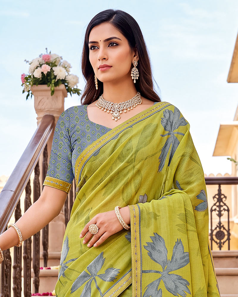 Vishal Prints Light Olive Yellow Printed Fancy Chiffon Saree With Border