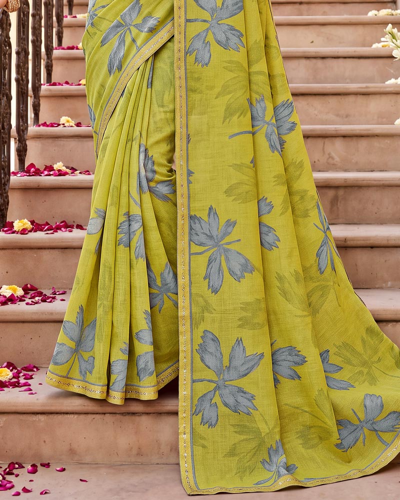 Vishal Prints Light Olive Yellow Printed Fancy Chiffon Saree With Border