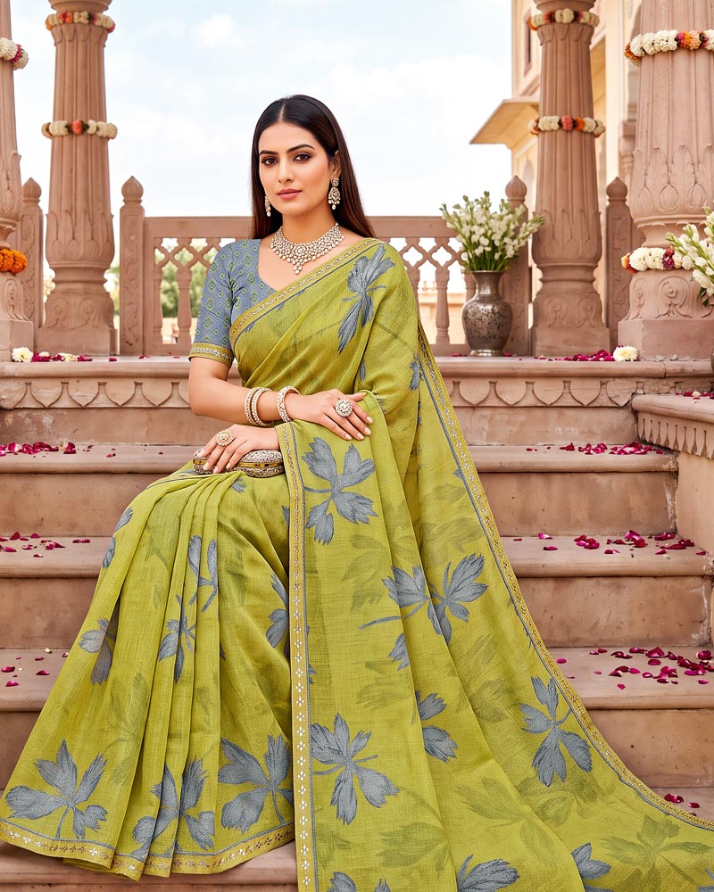 Vishal Prints Light Olive Yellow Printed Fancy Chiffon Saree With Border
