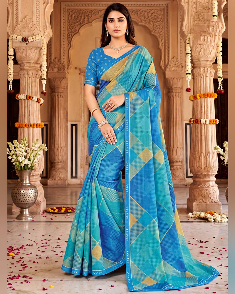 Vishal Prints Fountain Blue Printed Fancy Chiffon Saree With Border