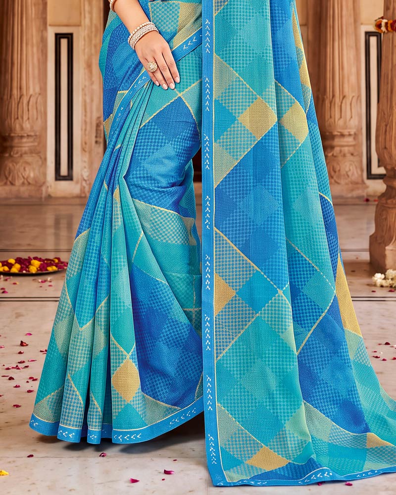Vishal Prints Fountain Blue Printed Fancy Chiffon Saree With Border