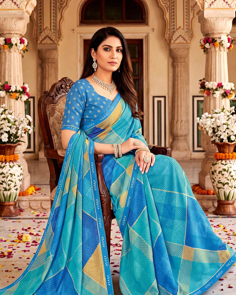 Vishal Prints Fountain Blue Printed Fancy Chiffon Saree With Border