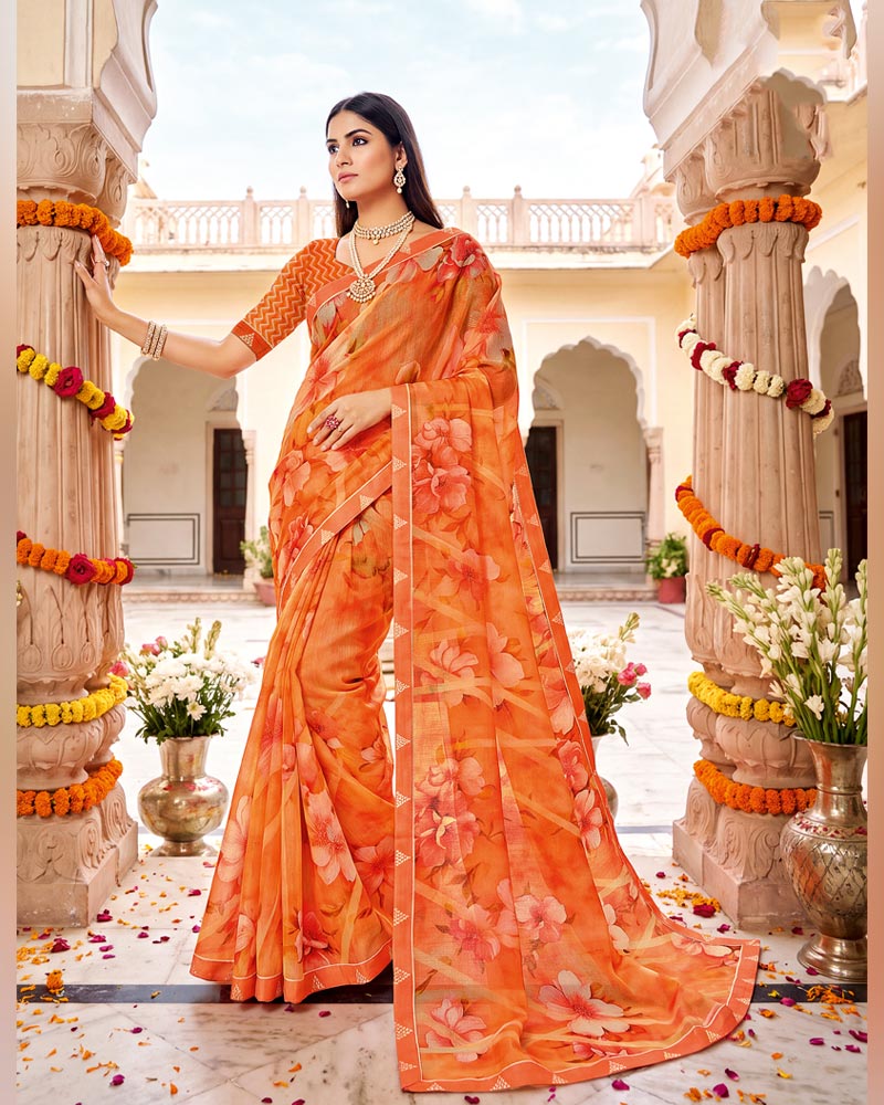 Vishal Prints Sunrise Orange Printed Fancy Chiffon Saree With Border