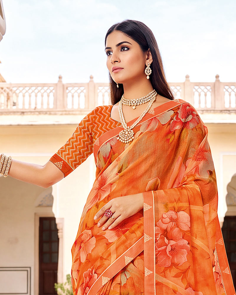 Vishal Prints Sunrise Orange Printed Fancy Chiffon Saree With Border