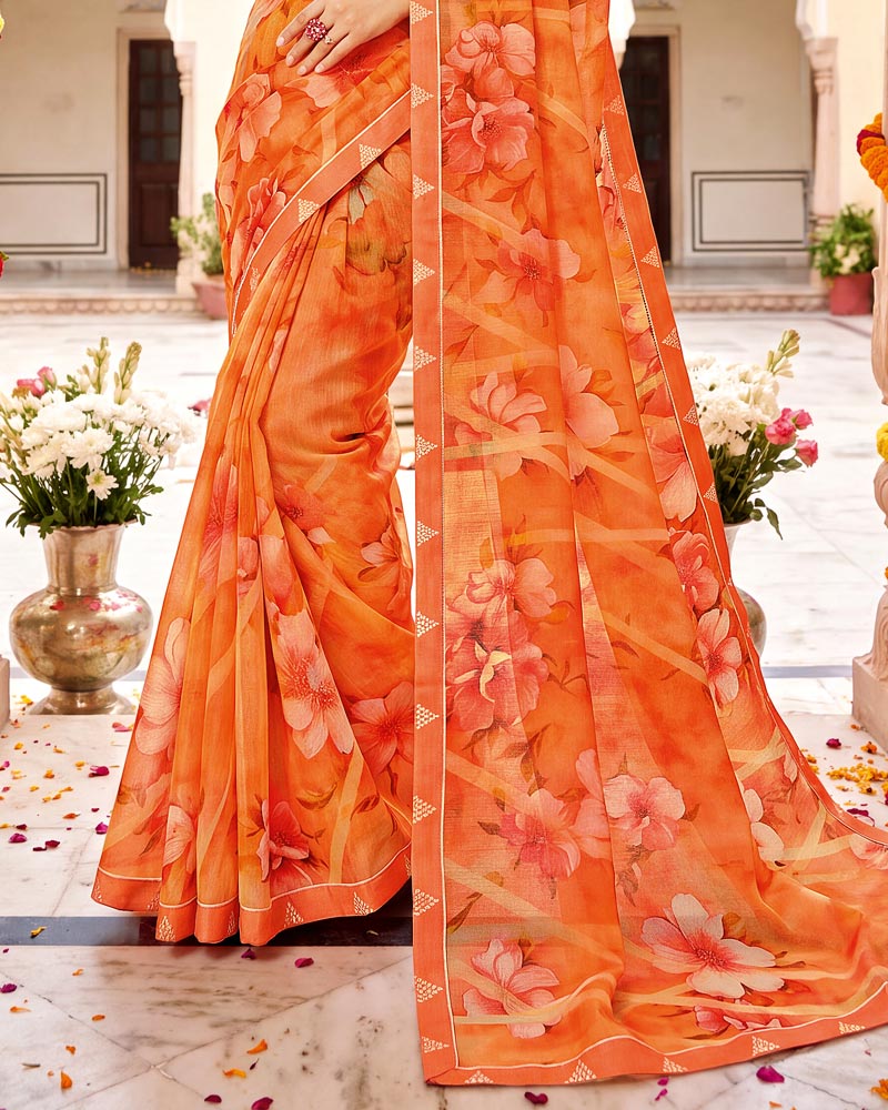 Vishal Prints Sunrise Orange Printed Fancy Chiffon Saree With Border